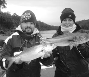 Daniel and Vicki from Cranbourne Fishing Tackle with some quality salmon and tailor from Pambula Lake. The fish were caught on soft plastics and released after some photos.